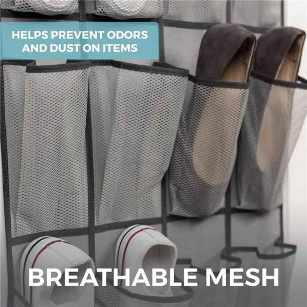 Over Door Shoe Organizer Hanging Closet Storage 24 Pocket Mesh 2 Pack Gray
